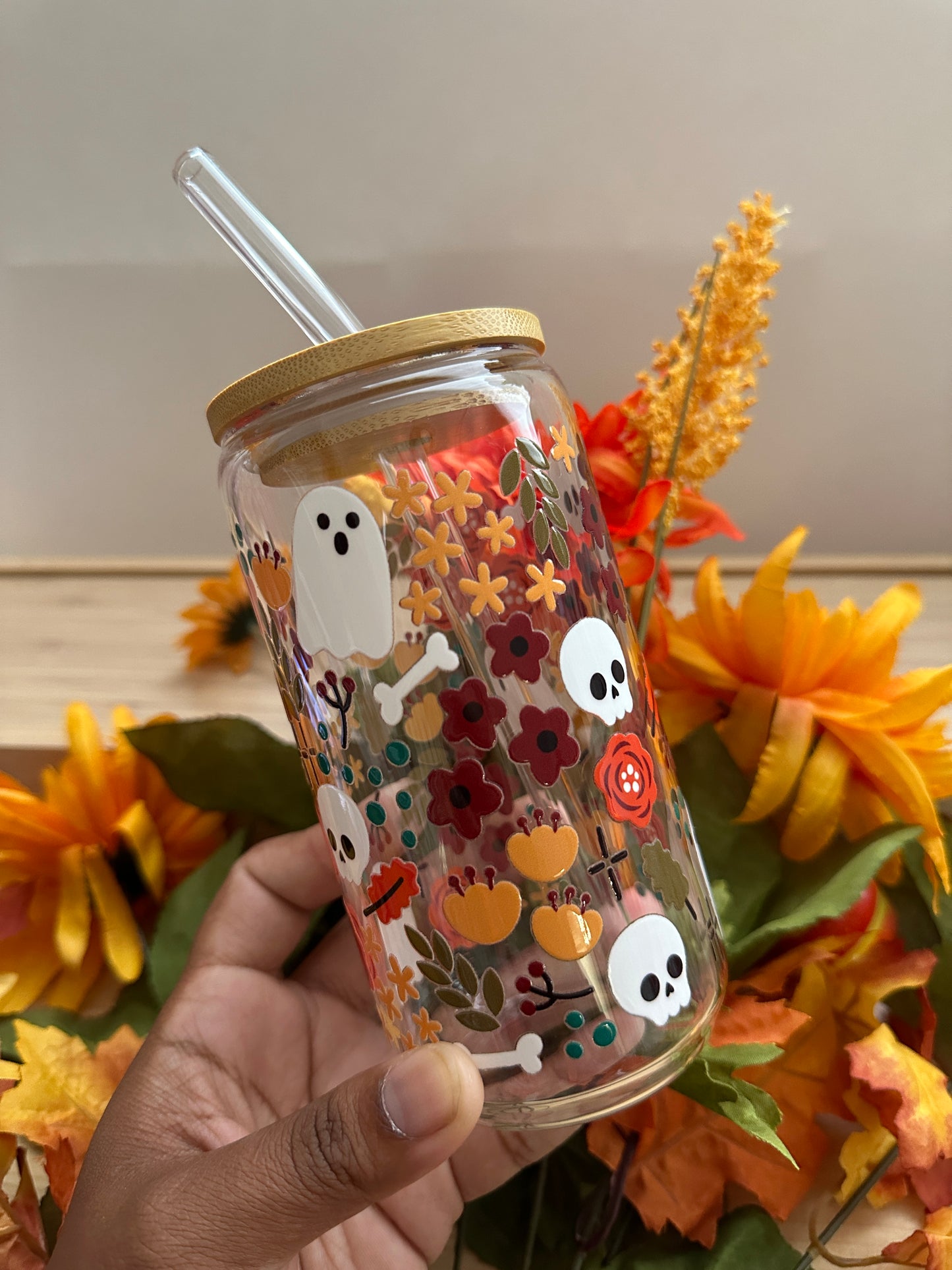 Fall Flowers Ghosts & Skulls Glass Can