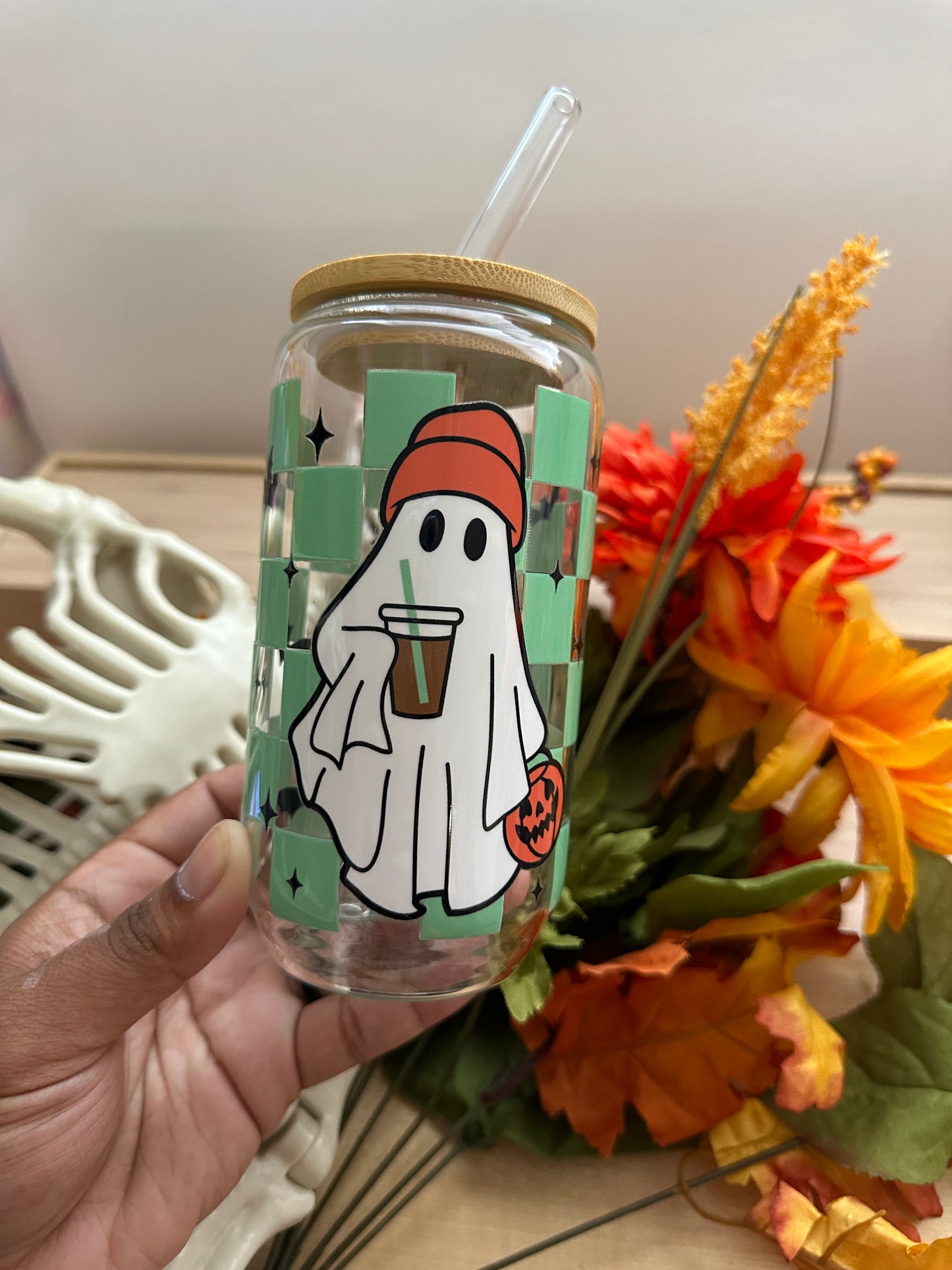 Green Check Beanie Ghost Glass Can