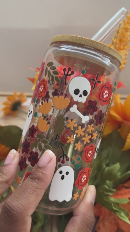 Fall Flowers Ghosts & Skulls Glass Can